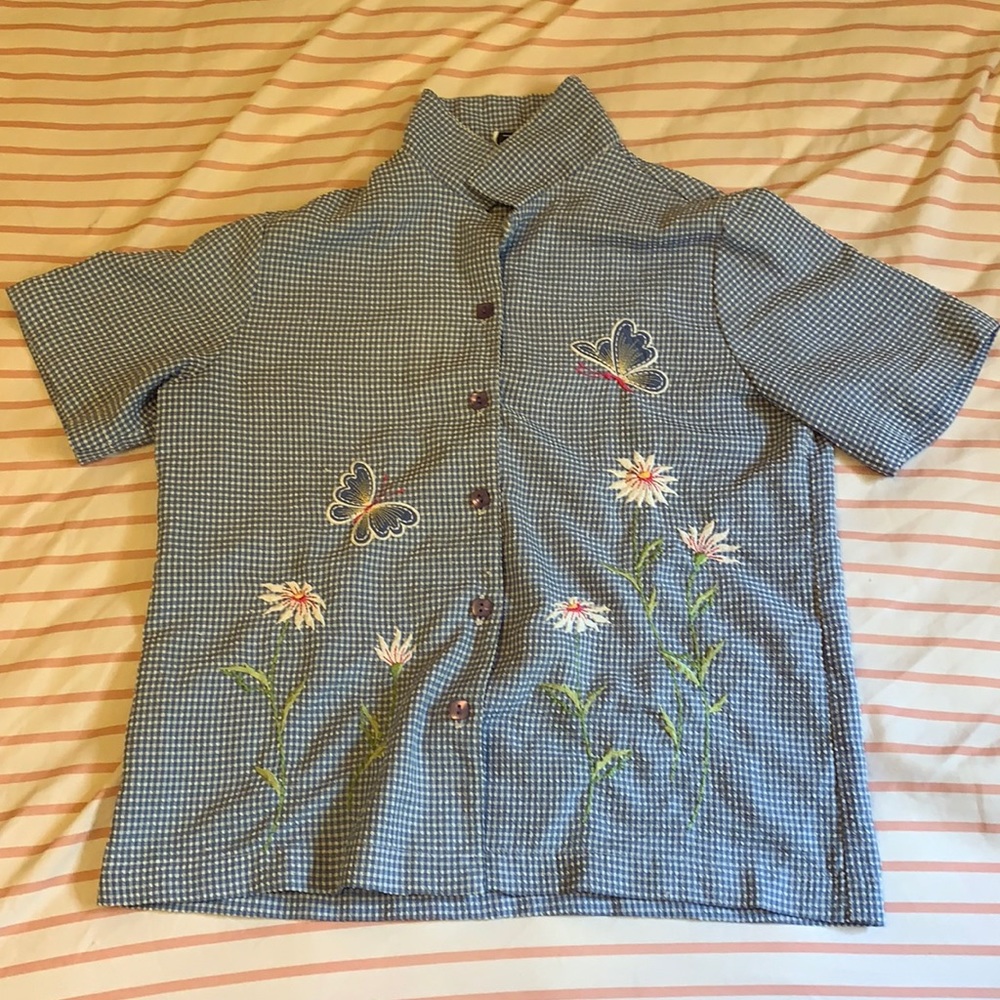 Blue and white dotted floral button up top